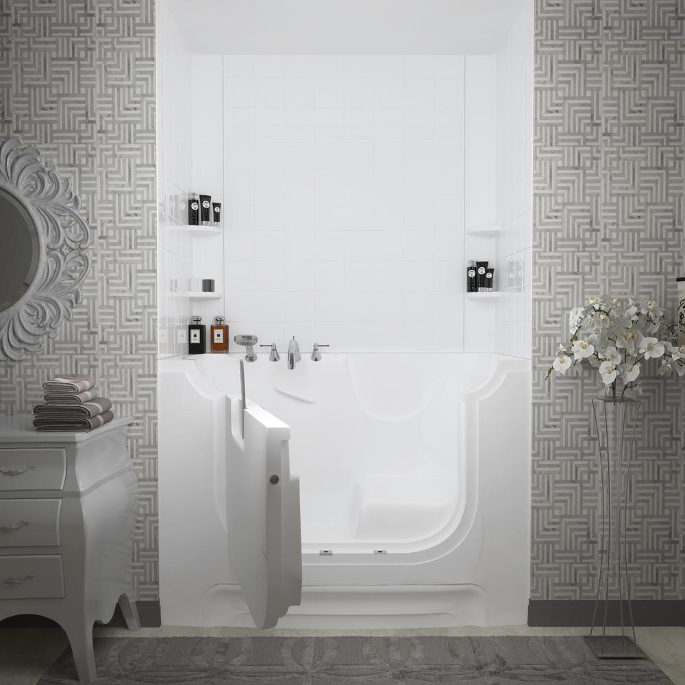 NOVA Heated Rampart Wheelchair Accessible 5 ft. walk-in bathtub with 6 in. Tile Easy Up Adhesive Wall Surround in White - Super Arbor