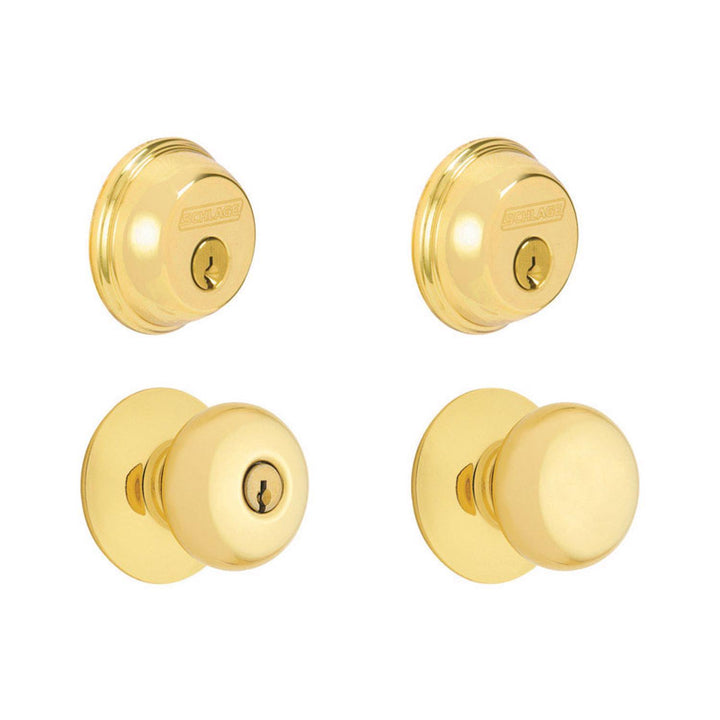 Schlage Plymouth Bright Brass Knob and Double Cylinder Deadbolt, ANSI Grade 2, 1-3/4 in Door Thickness