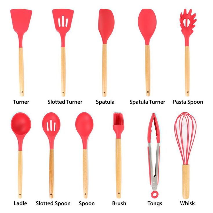Red Silicone and Wood Cooking Utensils (Set of 12)