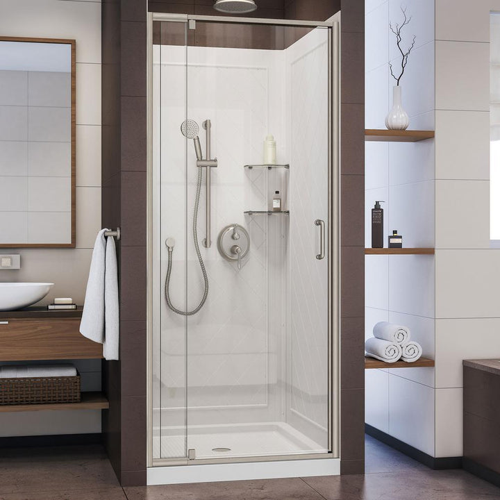 Flex 32 in. x 32 in. x 76.75 in. Pivot Shower Kit Door in Brushed Nickel with Center Drain White Base and Back Walls Kit - Super Arbor