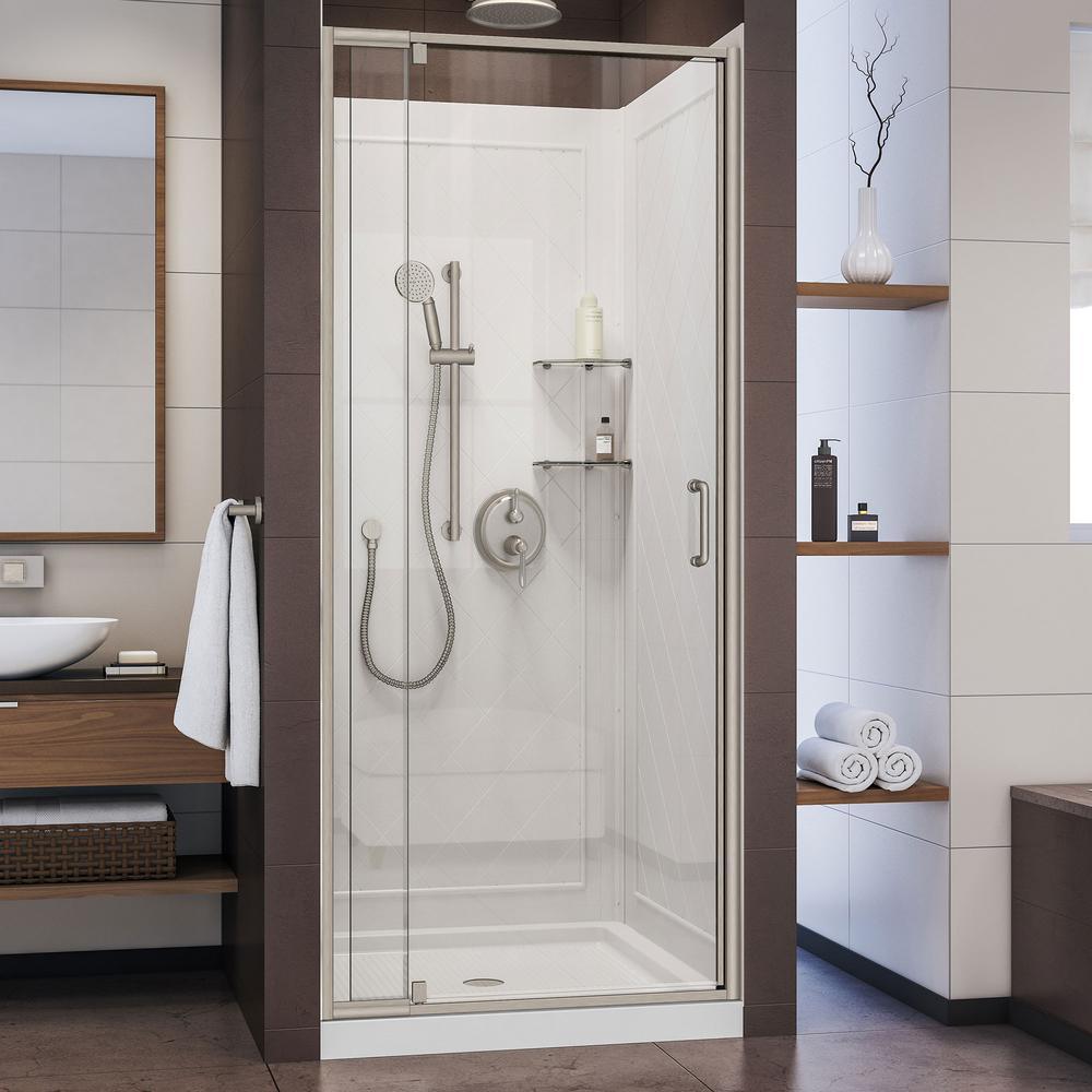 Flex 36 in. x 36 in. x 76.75 in. Pivot Shower Kit Door in Brushed Nickel with Center Drain White Base and Back Walls Kit - Super Arbor