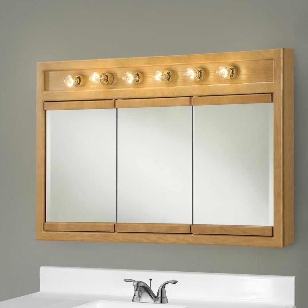 Richland 48 in. W x 30 in. H x 5 in. D Framed 6-Light Tri-View Surface-Mount Bathroom Medicine Cabinet in Nutmeg Oak - Super Arbor