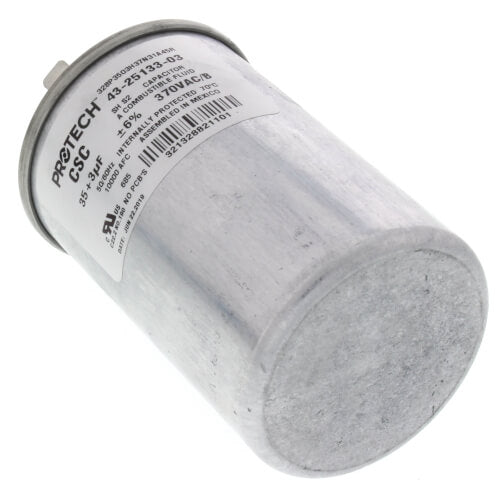 Rheem 43-25133-03 capacitor - side view (Voltage: 370V; MFD: 35/3)