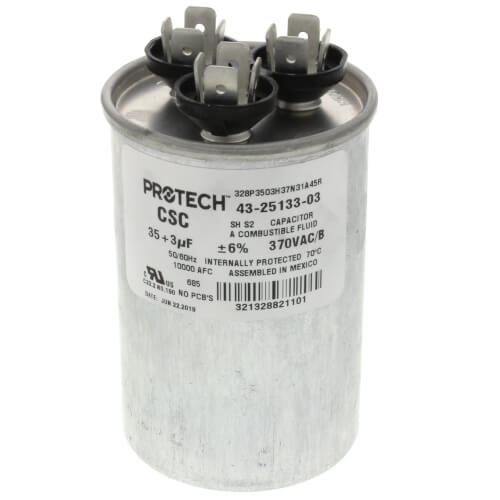 Rheem 43-25133-03 capacitor - front view (Voltage: 370V; MFD: 35/3)