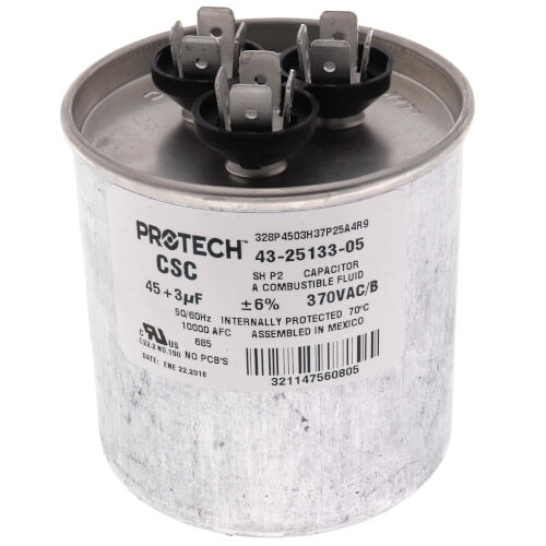 Rheem 43-25133-05 capacitor - front view (Voltage: 370V; MFD: 45/3)