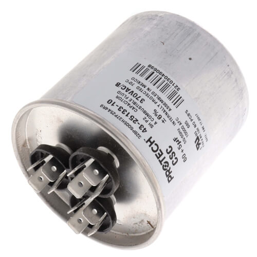 Rheem 43-25133-10 capacitor - detail view (Voltage: 370V; MFD: 60/5)
