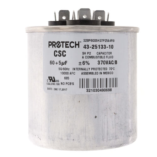 Rheem 43-25133-10 capacitor - front view (Voltage: 370V; MFD: 60/5)