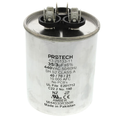 Rheem 43-25133-11 capacitor - front view (Voltage: 440v; MFD: 35/3)