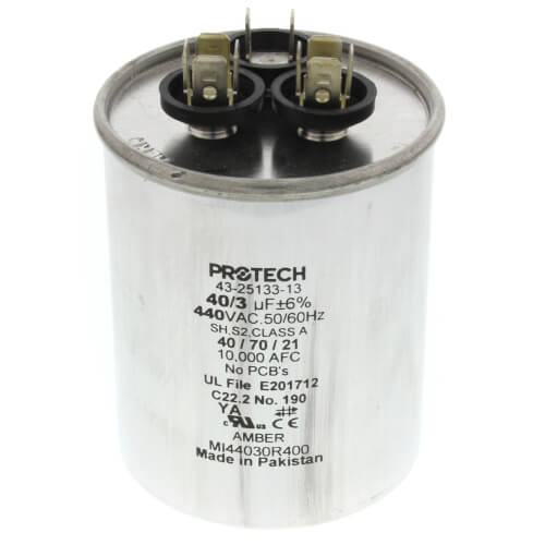 Rheem 43-25133-13 capacitor - front view (Voltage: 440v; MFD: 40/3)