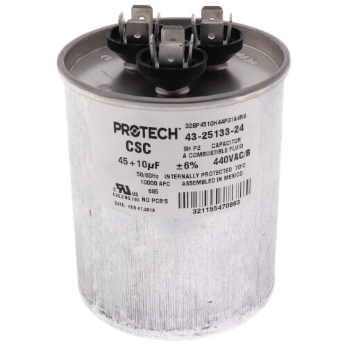 Rheem 43-25133-24 capacitor - front view (Voltage: 440v; MFD: 45/10)