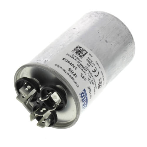 Rheem 43-25133-25 capacitor - detail view (Voltage: 370V; MFD: 50/5)