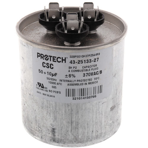 Rheem 43-25133-27 capacitor - front view (Voltage: 370V; MFD: 50/10)