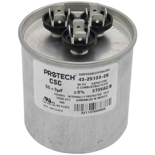 Rheem 43-25133-28 capacitor - front view (Voltage: 370V; MFD: 55/3)