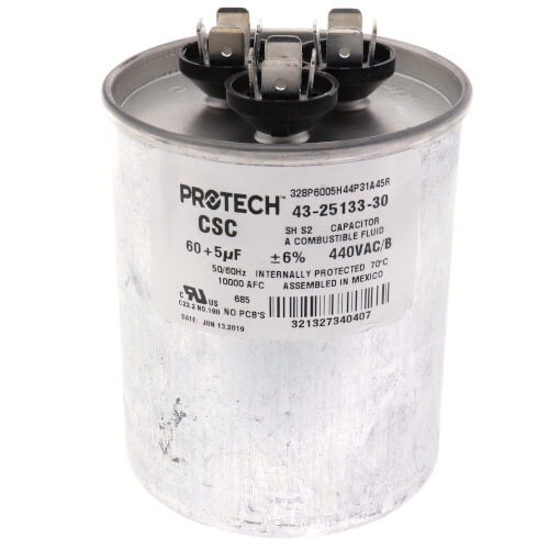 Rheem 43-25133-30 capacitor - front view (Voltage: 440v; MFD: 60/5)
