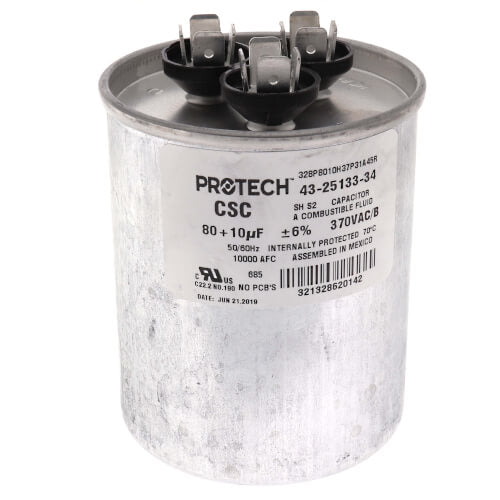 Rheem 43-25133-34 capacitor - front view (Voltage: 370V; MFD: 80/10)