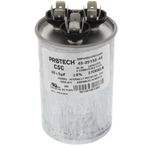 Rheem 43-25133-44 capacitor - front view (Voltage: 370V; MFD: 40/5)