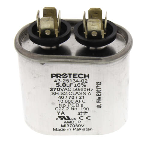 Rheem 43-25134-02 capacitor - front view (Voltage: 370V; MFD: 5)