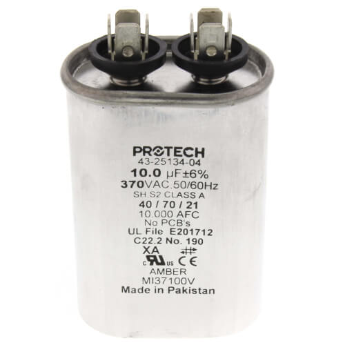 Rheem 43-25134-04 capacitor - front view (Voltage: 370V; MFD: 10)