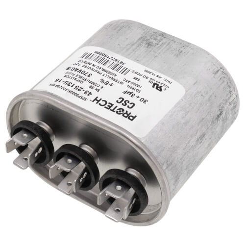 Rheem 43-25135-16 capacitor - detail view (Voltage: 370V; MFD: 30/3)