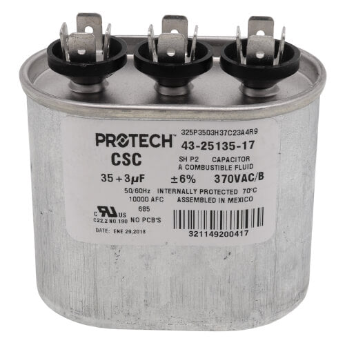 Rheem 43-25135-17 capacitor - front view (Voltage: 370V; MFD: 35/3)