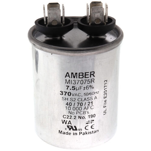 Rheem 43-25136-05 capacitor - front view (Voltage: 370V; MFD: 7.5)
