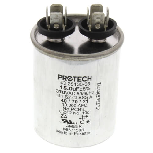 Rheem 43-25136-08 capacitor - front view (Voltage: 370V; MFD: 15)