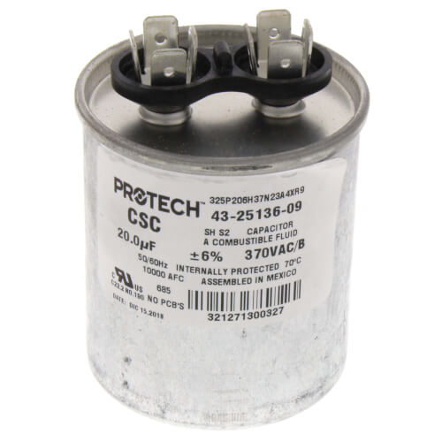 Rheem 43-25136-09 capacitor - front view (Voltage: 370V; MFD: 20)