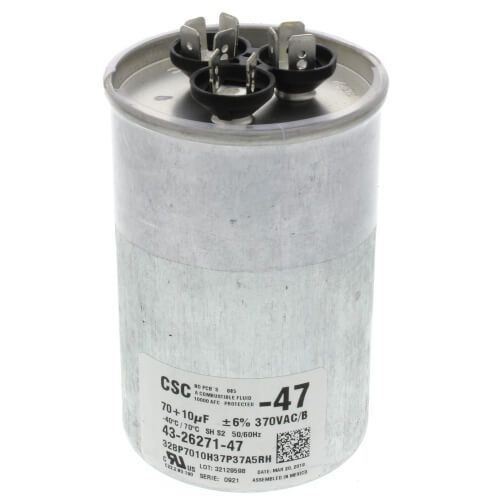 Rheem 43-26271-47 capacitor - front view (Voltage: 370V; MFD: 70/10)