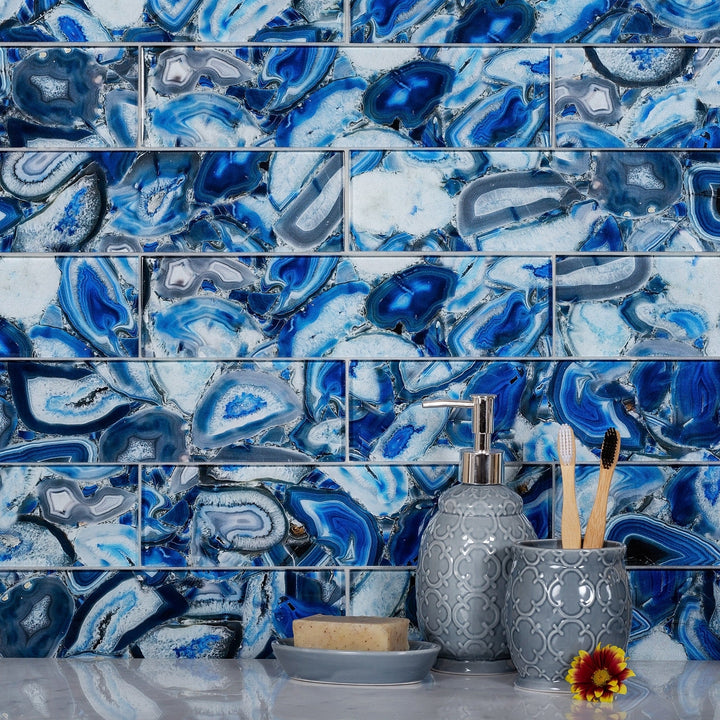 Apollo Tile (Sample) Blue 3-in x 12-in Glossy Glass Brick Subway Floor and Wall Tile