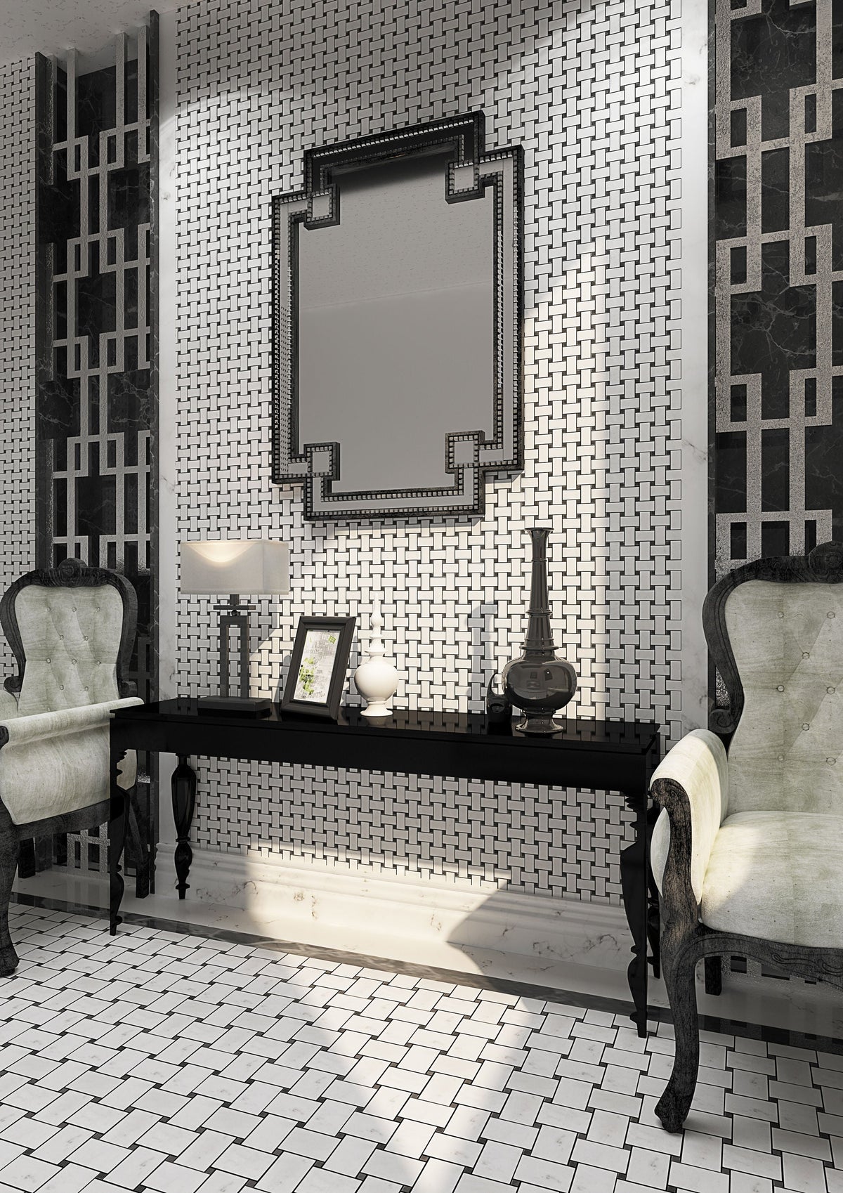 Apollo Tile White, Black 12-in x 12-in Polished Natural Stone Marble Basketweave Wall Tile (5-sq. ft/ Carton)