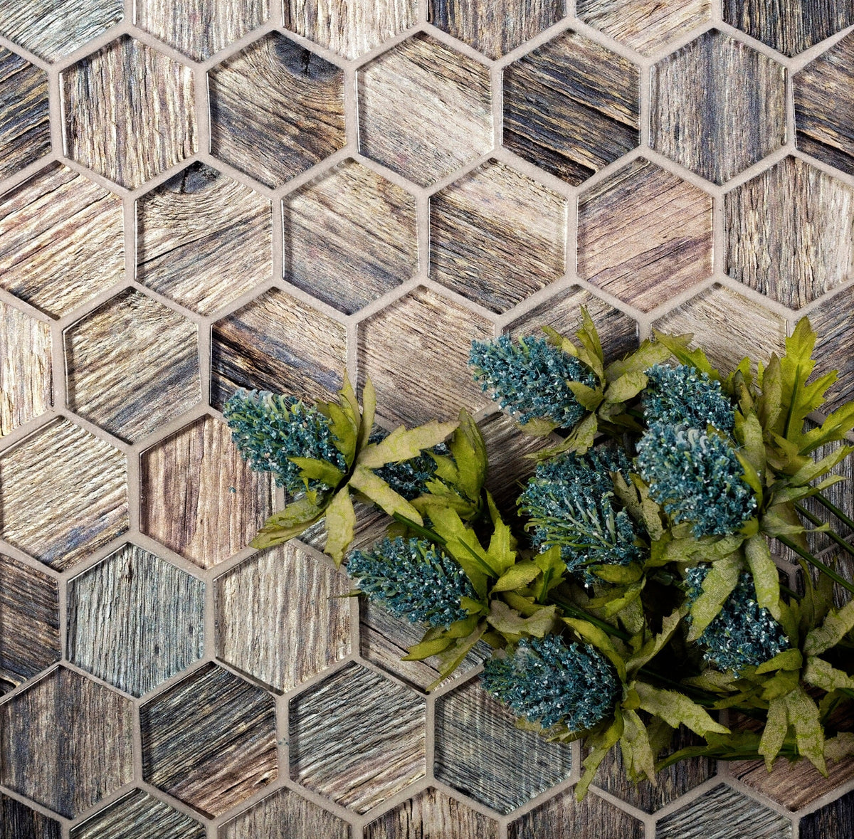 Apollo Tile Brown, Blue 12-in x 12-in Glossy Glass Honeycomb Wood Look Wall Tile (4.83-sq. ft/ Carton)