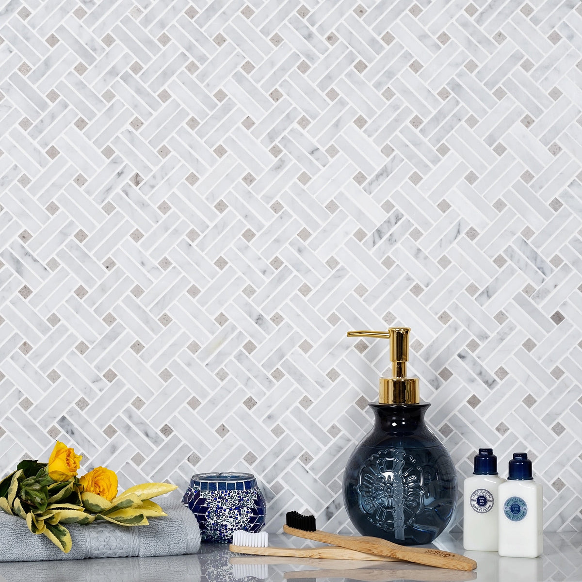 Apollo Tile (Sample) White, Beige 4-in x 4-in Polished Glass/Metal/Stone Marble Basketweave Marble Look Floor and Wall Tile