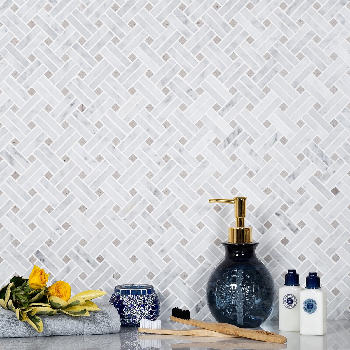 Apollo Tile White, Beige 11-in x 11-in Polished Natural Stone Marble Basketweave Marble Look Floor and Wall Tile (4.47-sq. ft/ Carton)