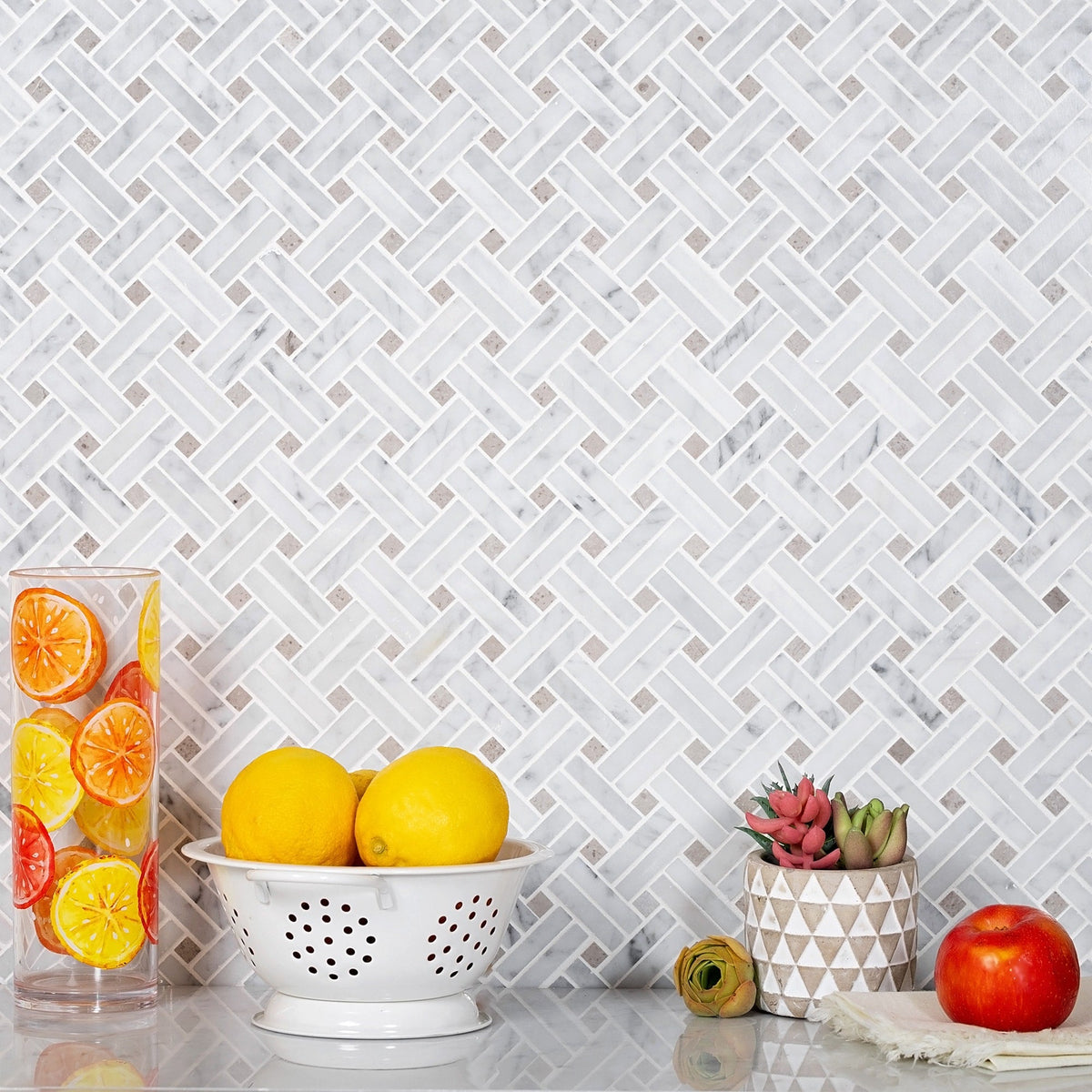 Apollo Tile (Sample) White, Beige 4-in x 4-in Polished Glass/Metal/Stone Marble Basketweave Marble Look Floor and Wall Tile