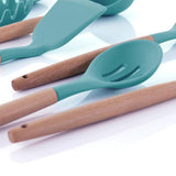 Light Teal Silicone and Wood Cooking Utensils (Set of 9)