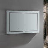 Fresca Spazio 48-in x 30-in Lighted LED Fog Free Surface/Recessed Mount LED Lighting Mirror Mirrored Soft Close Medicine Cabinet with Outlet