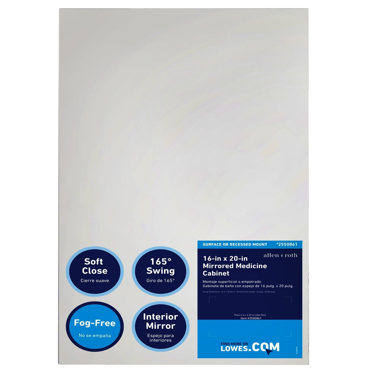 allen + roth 16-in x 20-in Fog Free Surface/Recessed Mount Silver Mirrored Soft Close Medicine Cabinet