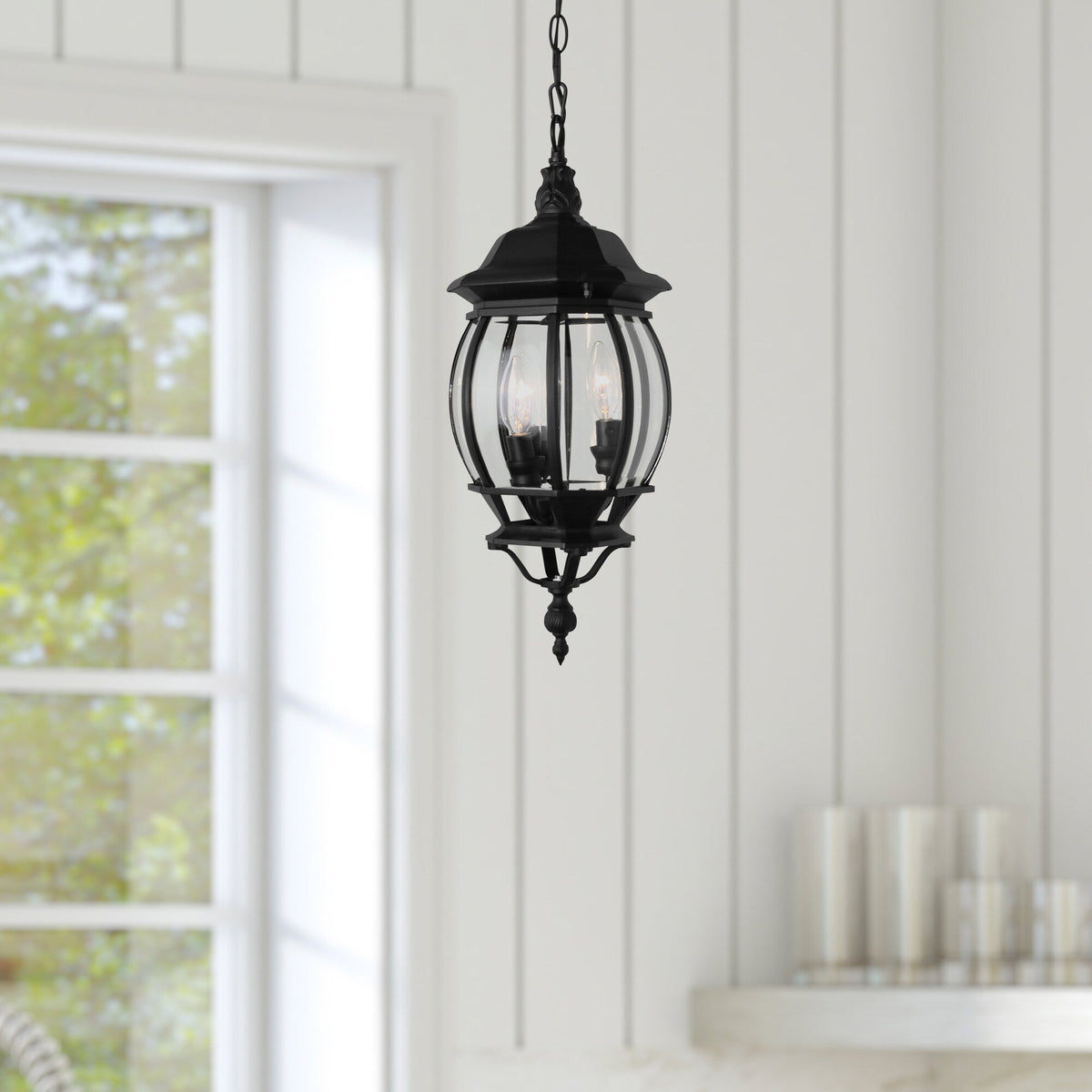 Portfolio Black Traditional Clear Glass Globe Outdoor Hanging Pendant Light, 3-Light, 20.67-in H x 8.43-in W