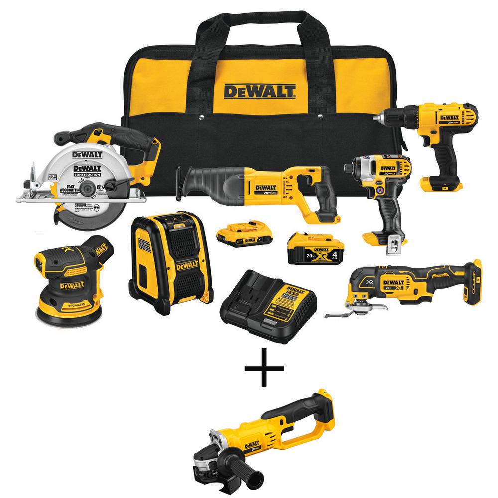 20-Volt MAX Li-Ion Cordless Combo Kit (7-Tool) with 20-Volt MAX Li-Ion Cordless 4-1/2 in. to 5 in. Grinder (Tool Only) - Super Arbor