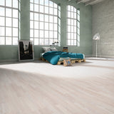allen + roth European white oak Frosty is an Oak wood floor with brown, a wire brushed texture, and a low-gloss finish that highlights the wood’s natural variation hardwood flooring — installed room view