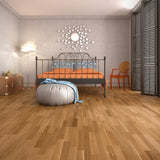 allen + roth European white oak Amber is an Oak wood floor with brown, a wire brushed texture, and a low-gloss finish that highlights the wood’s natural variation hardwood flooring — installed room view