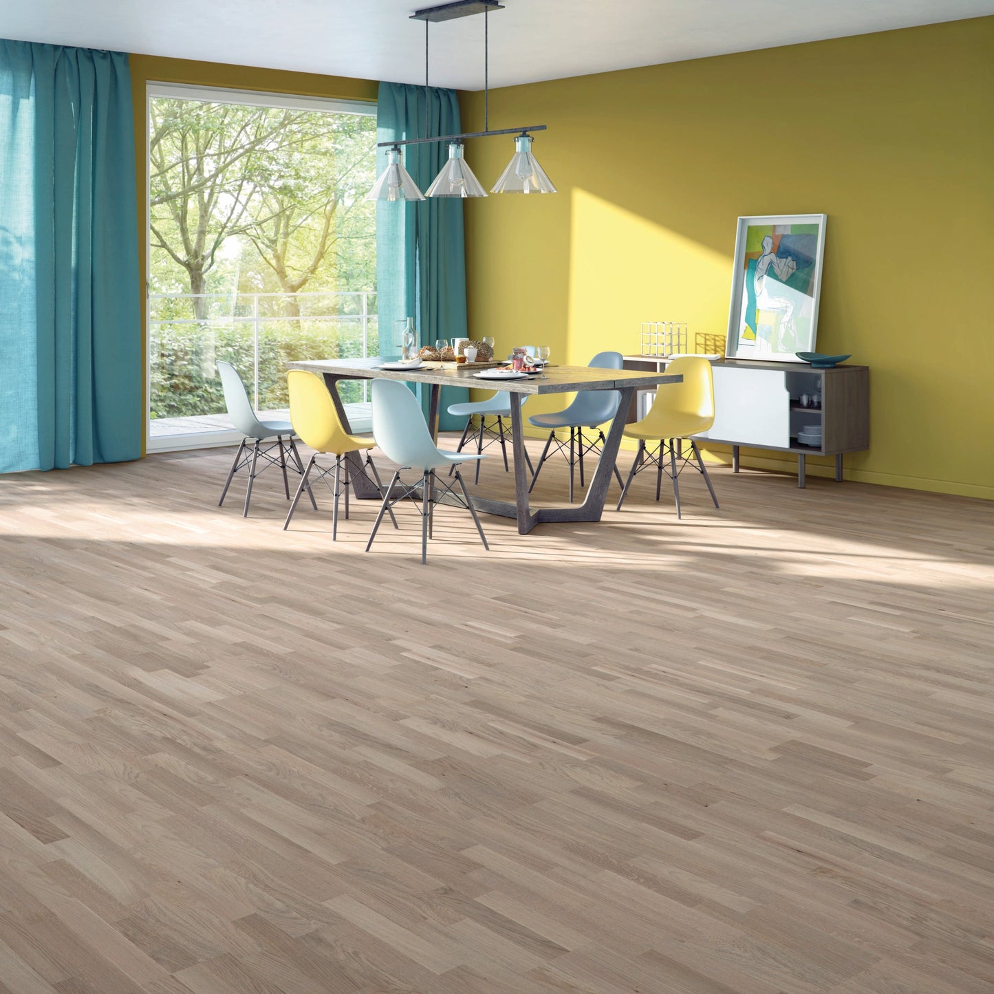 allen + roth European white oak Smokey is an Oak wood floor with gray, a wire brushed texture, and a low-gloss finish that highlights the wood’s natural variation hardwood flooring — installed room view