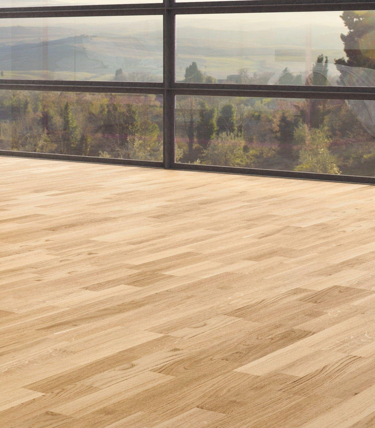 allen + roth European white oak Brushed is an Oak wood floor with brown, a wire brushed texture, and a low-gloss finish that highlights the wood’s natural variation hardwood flooring — color and finish detail
