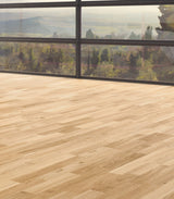 allen + roth European white oak Brushed is an Oak wood floor with brown, a wire brushed texture, and a low-gloss finish that highlights the wood’s natural variation hardwood flooring — color and finish detail