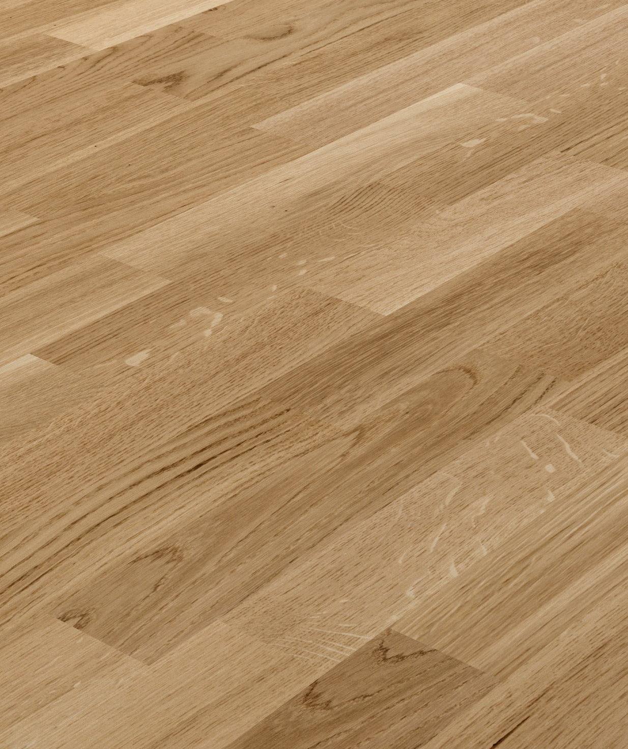 allen + roth European white oak Brushed is an Oak wood floor with brown, a wire brushed texture, and a low-gloss finish that highlights the wood’s natural variation hardwood flooring — primary plank view