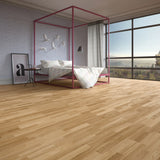 allen + roth European white oak Brushed is an Oak wood floor with brown, a wire brushed texture, and a low-gloss finish that highlights the wood’s natural variation hardwood flooring — installed room view