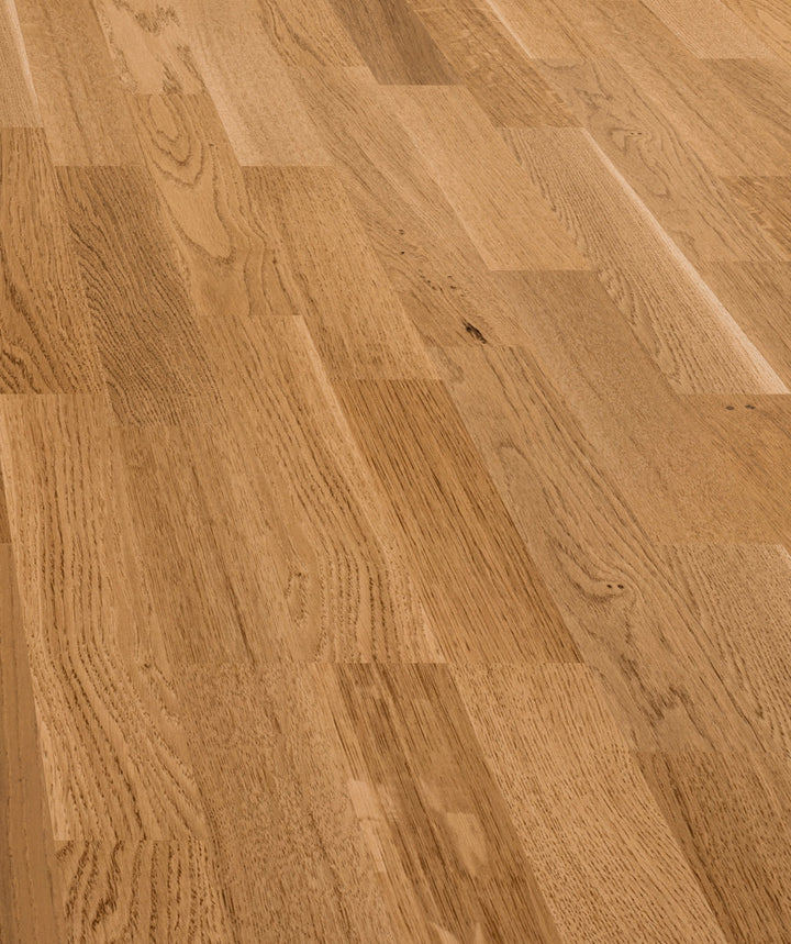 allen + roth European white oak Amber is an Oak wood floor with brown, a wire brushed texture, and a low-gloss finish that highlights the wood’s natural variation hardwood flooring — primary plank view