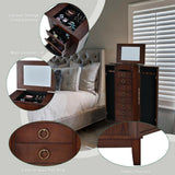 Costway Contemporary Walnut Jewelry Armoire with 9 Drawers and Partitioned Storage, Freestanding Floor Cabinet with Mirror