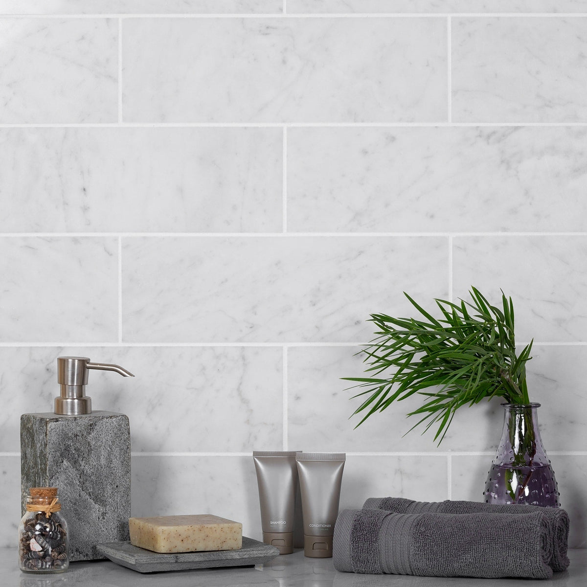 Apollo Tile White 4-in x 12-in Polished Natural Stone Marble Brick Wall Tile (5-sq. ft/ Carton)