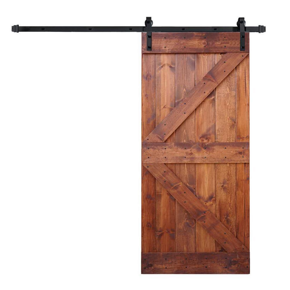 36 in x 84 in K Series DIY Dark Walnut Finished Knotty Pine Wood Sliding Barn Door Slab with Hardware Kit - Super Arbor